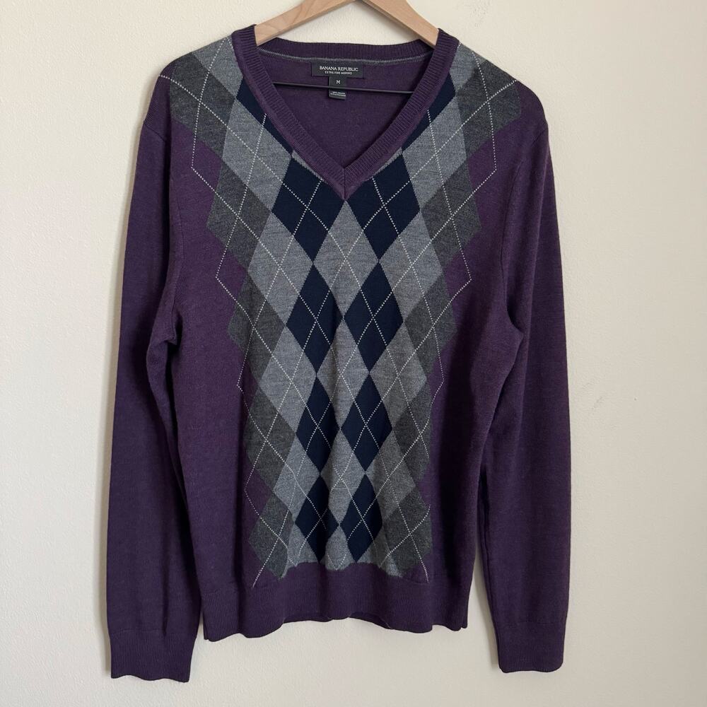 Banana Republic Mens Ultra Fine Merino Wool Argyle Sweater Size Medium Shirt Top
